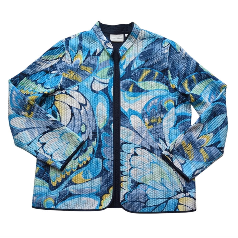 Alfred Dunner Quilted Artsy Open Coastal Grandma Cardigan Jacket 12 Blue Green